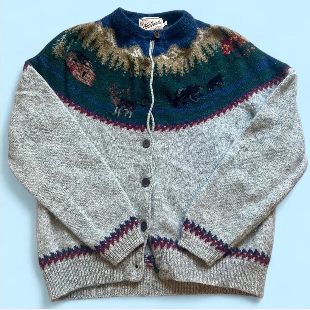 Woolrich Gray and Blue Vintage forest animal Cardigan Sweater with Nordic Design